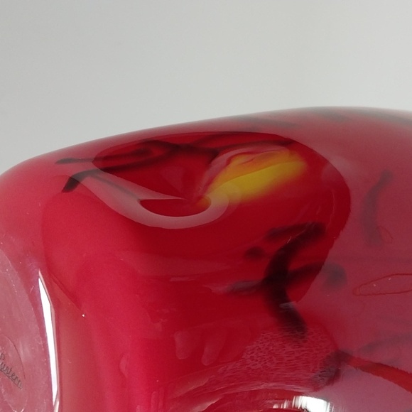 Eastern Art Glass Blown Red & White Cased Vase with Black/Yellow Abstract Design - Picture 7 of 8
